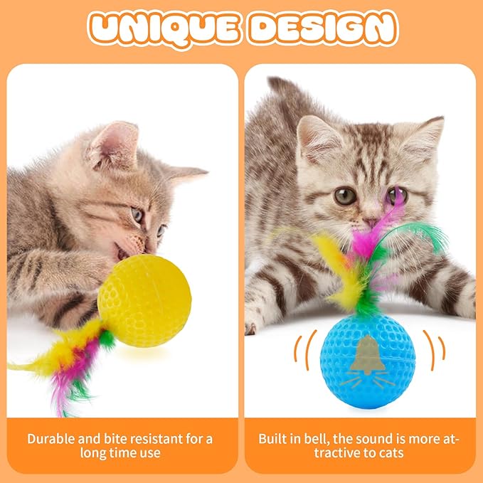IDOMIK 15 Pack Cat Toys: Colorful Golf Sponge Balls, Feather and Pom Pom Interactive Kitten Balls for Exercise, Bright Colored Chase Pounce Toys, Safe Non-Toxic Entertainment