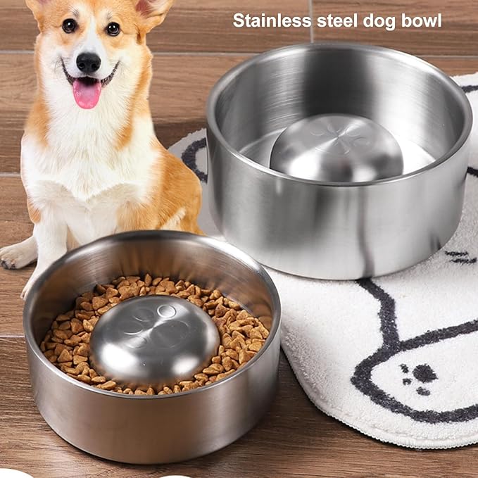Pssopp Slow Feeder Dog Bowl, Dishwasher Stainless Steel Large Metal Dog Food Bowls with Non Slip Rubber Ring Modern Design Dog Slow Feeder for Medium to Large Dogs (24x17x18cm)