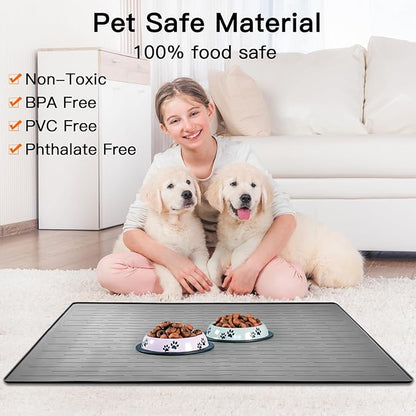 48" x 32" XXXL Largest Pet Food Mat, Silicone Dog Mats for Food and Water, Nonslip Pet Feeding Mats for Floors,Dog Cat Bowl Mat with Raised Edges, Black