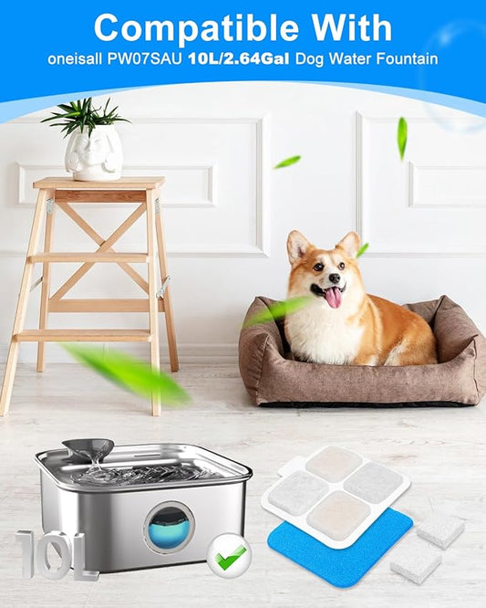 Dog Water Bowl Dispenser Compatible with oneisall PW07 10L/2.64Gal 304 Stainless Steel Dog Water Fountain，Multilayer Filters System, 6 Set
