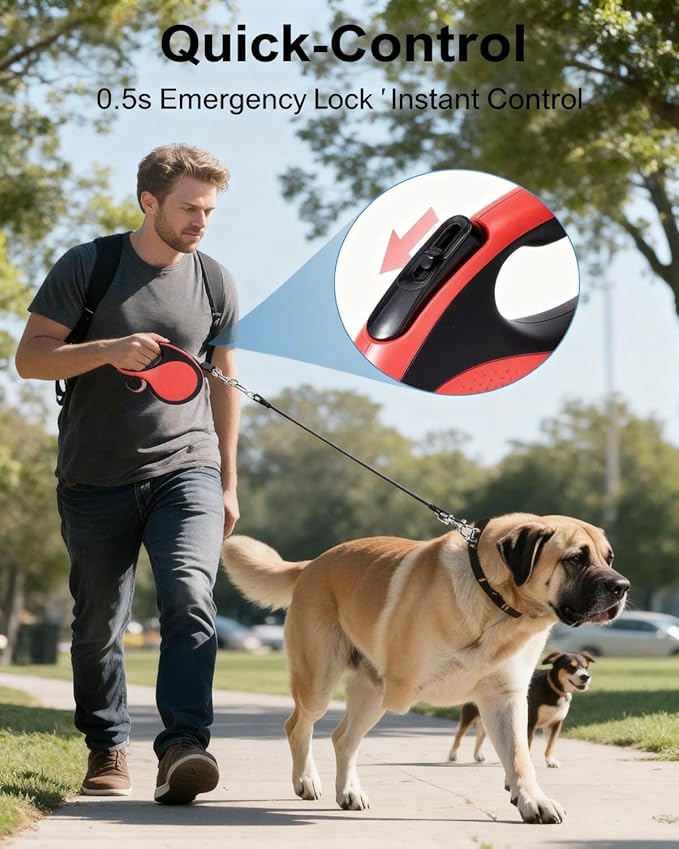 26 ft Retractable Dog Leash Red - Heavy Duty Retractable Pet Leash Chew Proof Cable with Anti-Slip Grip for Medium to Large Dogs up to 110 lbs 360° Tangle-Free, (Red)