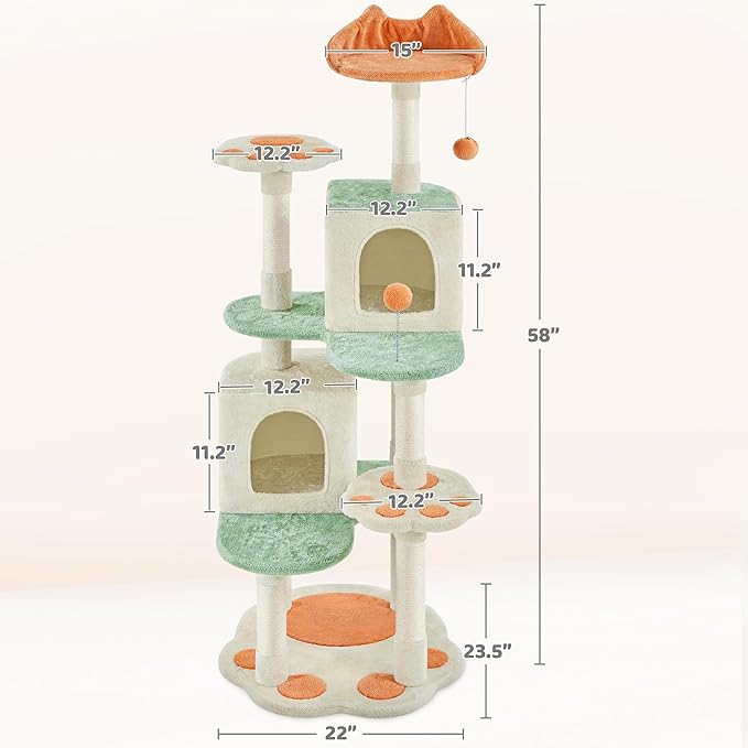 Yaheetech 57.5in Cat Tree Tower, Multi-Functional Activity Center w/Cat Paw-Shaped Platform, Scratching Posts, 2 Condos and Dangling Balls for Indoor Cats to Relax