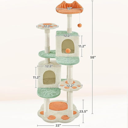 Yaheetech 57.5in Cat Tree Tower, Multi-Functional Activity Center w/Cat Paw-Shaped Platform, Scratching Posts, 2 Condos and Dangling Balls for Indoor Cats to Relax
