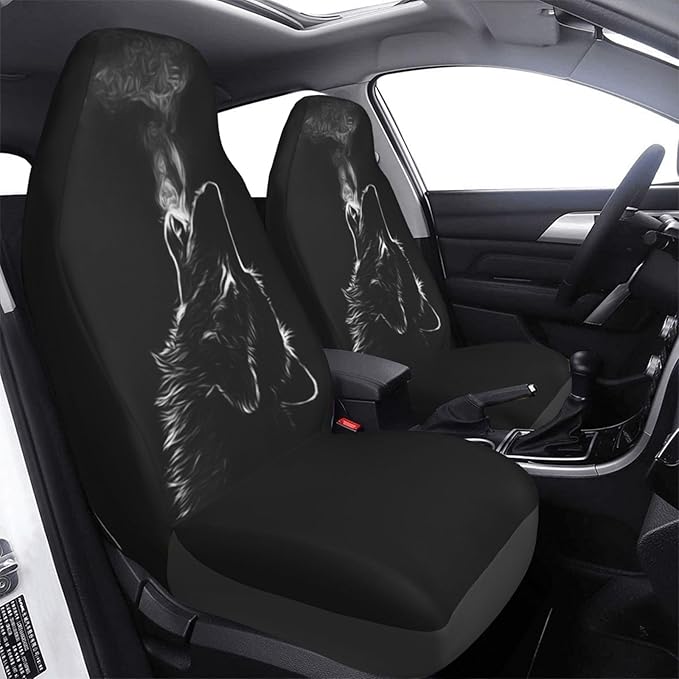 Foruidea Black 3D Wolf Car Seat Covers Universal 2 Pcs Auto Front Seat Cover Fit Most Cars,SUV,Sedan,Trucks