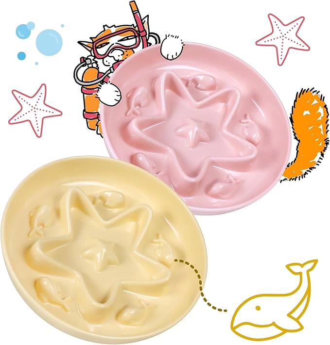 2 Pcs Cat Slow Feeder Bowl – Whisker Friendly Melamine Puzzle Feeding Cat Bowl for Slow Eating – Wet & Dry Food – Dishwasher Safe, Lightweight, Non-Slip (Buttercream + Coral Pink, 6.3'')