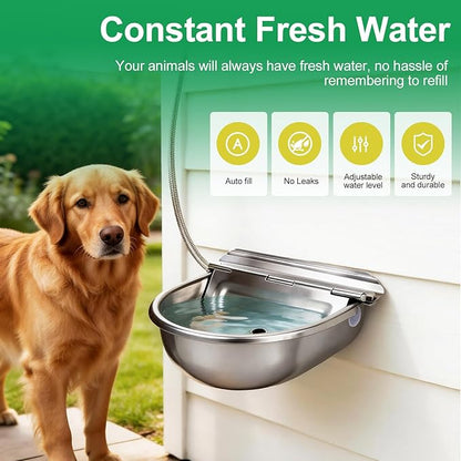 Metal Automatic Dog Water Bowl Dispenser, Outdoor Heavy Duty Stainless Steel Dog Waterer, Auto Self Filling Animal Water Feeder for Dogs Cats with Float and Drain Plug