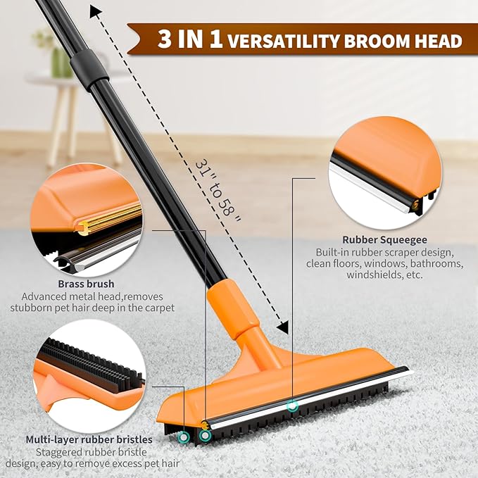Carpet Rake for Pet Hair Removal - Reusable Dog & Cat Hair Remover with 58" Reinforced Steel Handle, 3-in-1 Professional Modular Rug Rake & Scraper Tool for Shag Rugs, Couch, Stairs (Orange)