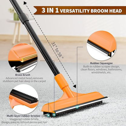 Carpet Rake for Pet Hair Removal - Reusable Dog & Cat Hair Remover with 58" Reinforced Steel Handle, 3-in-1 Professional Modular Rug Rake & Scraper Tool for Shag Rugs, Couch, Stairs (Orange)