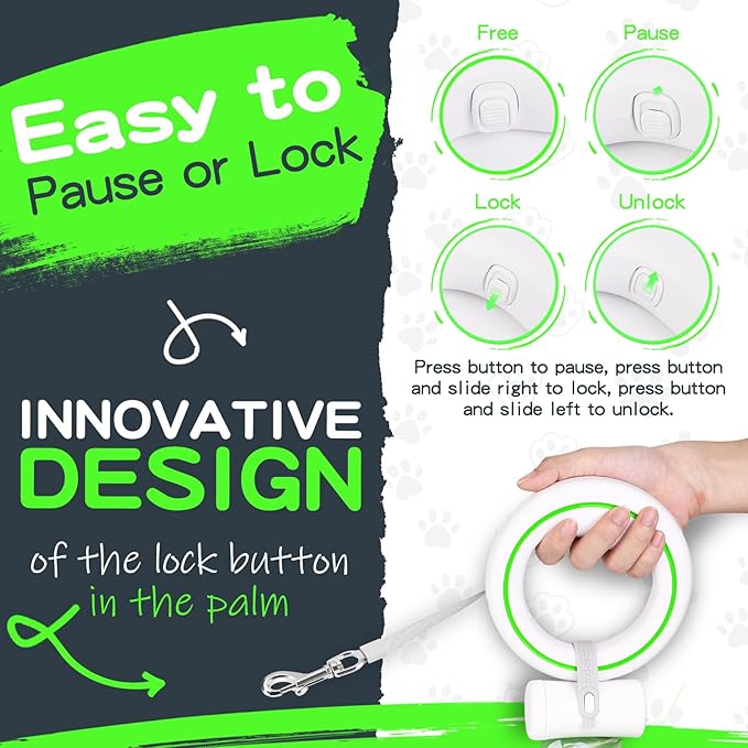 UFO Retractable Dog Leash Hands Free Wearable Laisse Chien with Poop Bag Holder One-Handed Brake Pause Lock 360° Tangle Free 10 ft Strong Nylon Tape Dog Leash for Up to 66lbs Medium Small Dogs