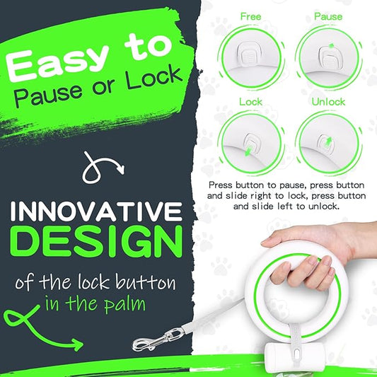 UFO Retractable Dog Leash Hands Free Wearable Laisse Chien with Poop Bag Holder One-Handed Brake Pause Lock 360° Tangle Free 10 ft Strong Nylon Tape Dog Leash for Up to 66lbs Medium Small Dogs