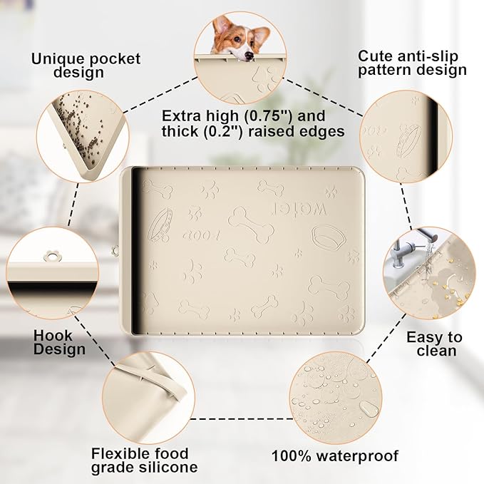 Dog Food and Water Mat 28x20 Inch Sand Color - Non-Slip Silicone Mat with High Edges & Residue Pocket - Waterproof Pet Feeding Mat for PET
