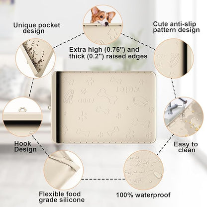 Dog Food and Water Mat 28x20 Inch Sand Color - Non-Slip Silicone Mat with High Edges & Residue Pocket - Waterproof Pet Feeding Mat for PET