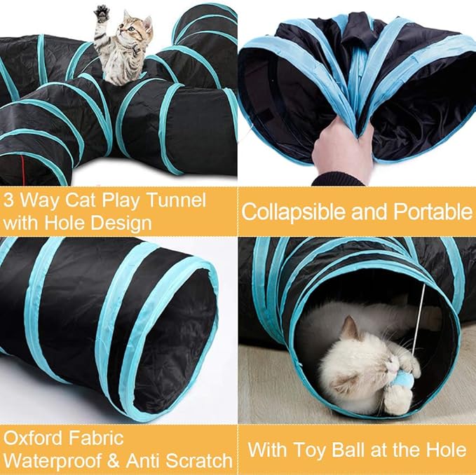 Yinghe Cat Tunnel - Collapsible 3 Way Pet Tunnel with Interactive Ball & Feather Wand - Pet Toy Tube Fun for Rabbits, Kittens, Cats, and Dogs