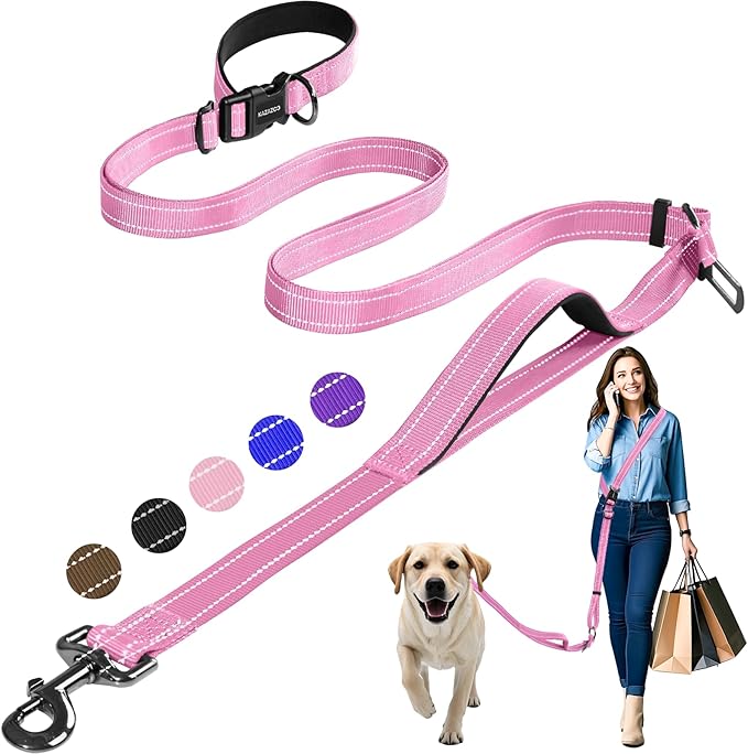 Kazazoo Hands-Free Dog Leash with Adjustable Length 5.5-8.5FT + Dual Padded Handles Reflective Safety for Walking, Jogging & Training | Suitable for Medium to Large Dogs & Puppies M Size Pink