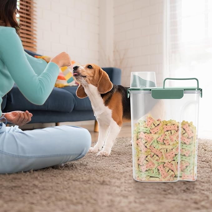 5-7Lbs Dog Cat Food Storage Container with Upgraded Large Nozzle BPA-free, 4 Snap Seals Plastic Pet Food Storage Containers with Handles (Green+Dark Green, 5L-2pack)