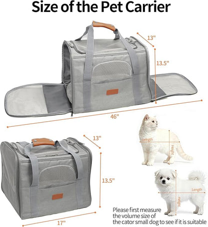 Expandable Pet Carrier for Cats and Small Dogs, Soft-Sided Travel Dog Carrier with Fleece Cushion, Breathable Mesh Windows and Shoulder Strap for Car, Outdoor and Daily Use, Grey