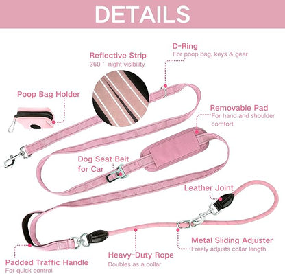 10FT Hands Free Dog Leash for Small Medium Large Dogs, Heavy Duty Reflective Dog Leash with Traffic Handle, Seat Belt Buckle & Poop Bag Holder (Pink)