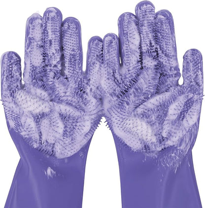 Pecute Pet Grooming Gloves, Large, Heat Resistant, Silicone Bathing and Massaging Gloves with High-Density Teeth and Enhanced Five Finger Design for Dogs and Cats, Purple