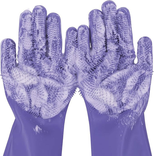 Pecute Pet Grooming Gloves, Large, Heat Resistant, Silicone Bathing and Massaging Gloves with High-Density Teeth and Enhanced Five Finger Design for Dogs and Cats, Purple