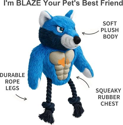 Muscle Wolf Dog Toy – Durable Plush with Rubber Chest & Rope Legs, Squeaky Tug Toy for Medium & Large Dogs, Built for Tough Play, 14.1 Inch Interactive Chew Toy