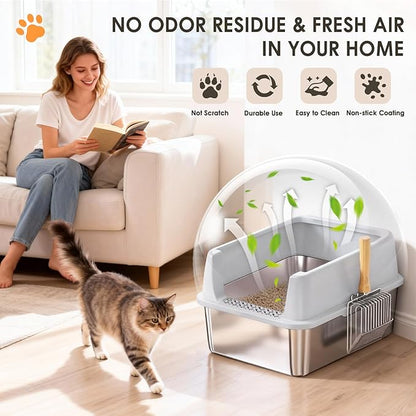 Stainless Steel Litter Box with Lid: Metal Cat Litter Box for Small Cats with Scoop, High Sided Kitty Litter Pan Tray, 17.4'' x 13.5'' x 8.5'',Non-Stick, Anti-Leakage, Easy Cleaning (Light Gray)