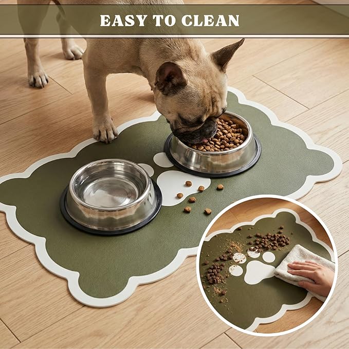 Absorbent Pet Food Mat, Scalloped Edge Dog Cat Bowl Mat with Rubber Backing, Quick-Dry Leather Feeding Mat for Messy Drinkers, 16" x 24", Sage Green
