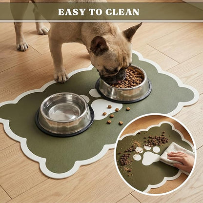 Absorbent Pet Food Mat, Scalloped Edge Dog Cat Bowl Mat with Rubber Backing, Quick-Dry Leather Feeding Mat for Messy Drinkers, 16" x 24", Sage Green