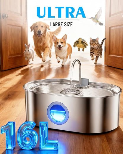 4.2Gal Dog Water Fountain for Large Dogs, 16L Stainless Steel Dog Fountain Water Bowl with Multi-Filtration & Deeper Drinking Tray, Extra Large Pet Water Fountain with Water Window(with 7 Filters)