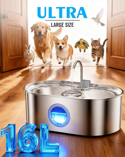 4.2Gal Dog Water Fountain for Large Dogs, 16L Stainless Steel Dog Fountain Water Bowl with Multi-Filtration & Deeper Drinking Tray, Extra Large Pet Water Fountain with Water Window & LED, Ultra-Quiet