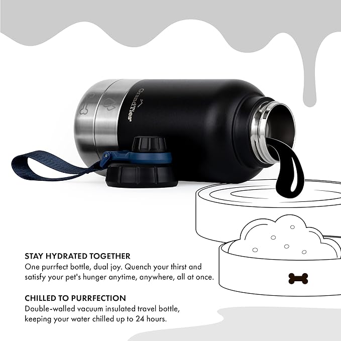 GrandTies Insulated Portable Dog Water Bottle with 2 Detachable Water Bowl Dispenser | Leak-Proof Dog Food Travel Container | Accessories for Dogs Walking, Hiking, Camping (32oz, Matte Black)