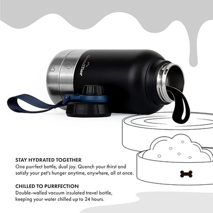 GrandTies Insulated Portable Dog Water Bottle with 2 Detachable Water Bowl Dispenser | Leak-Proof Dog Food Travel Container | Accessories for Dogs Walking, Hiking, Camping (32oz, Matte Black)