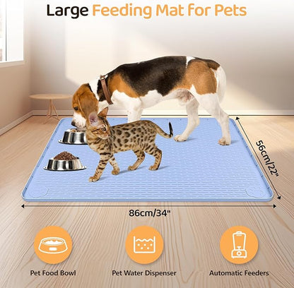 Dog Food Mat, Extra Large 34" x 22" Silicone Pet Feeding Mat with Raised Edge Pet Placemat for Small, Medium, and Large Pets Non-Slip, Easy to Clean (Blue)