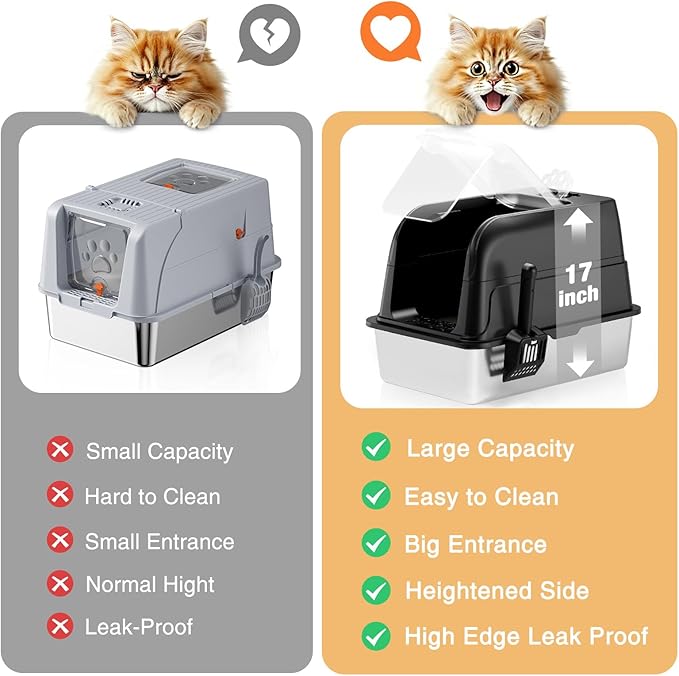 Stainless Steel Cat Litter Box Fully Enclosed, Extra Large Metal High Sided Cat Box with 120° Fully Transparent See-Through Flip Lid, Scoop & Mat - Black - XL