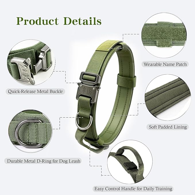 Xqpetlihai Tactical Dog Collar Adjustable Military Nylon Dog Collar with Control Handle and Heavy Duty Metal Buckle for Medium and Large Dogs (Green,XL)