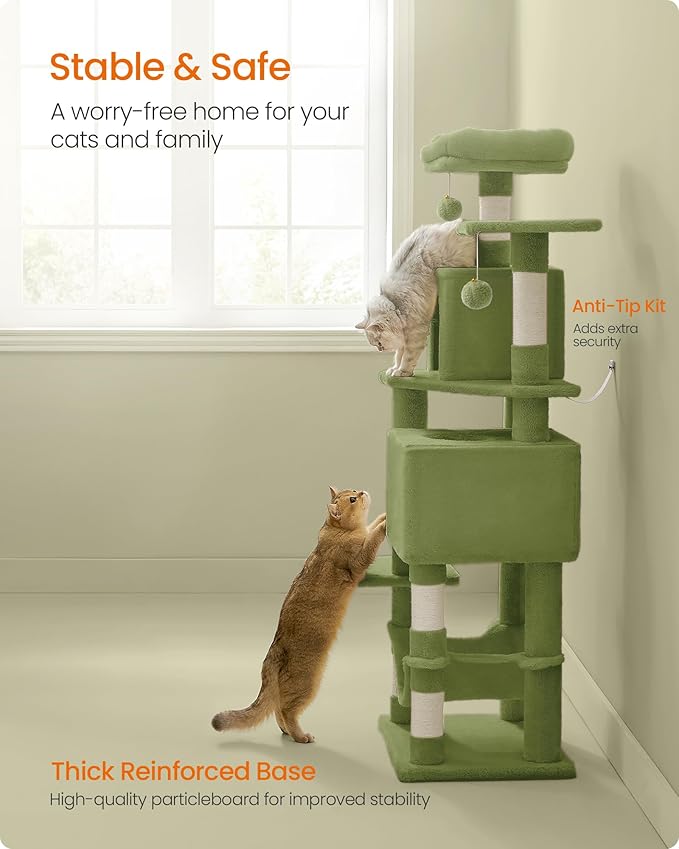 Feandrea Cat Tree, 59.5-Inch Tall Cat Tower, Plush Multi-Level Condo with 5 Scratching Posts, 2 Perches, 2 Caves, Hammock, 2 Pompoms, Grass Green UPCT192C02
