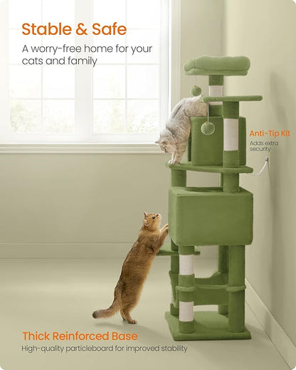 Feandrea Cat Tree, 59.5-Inch Tall Cat Tower, Plush Multi-Level Condo with 5 Scratching Posts, 2 Perches, 2 Caves, Hammock, 2 Pompoms, Grass Green UPCT192C02