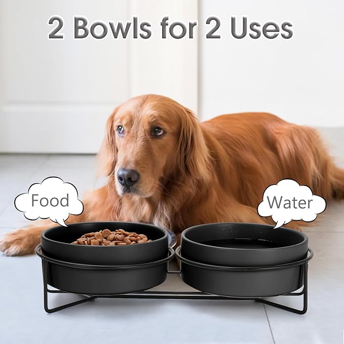 Ceramic Dog and Cat Bowl Set with Stand, 3.6 Cups Dog Food and Water Bowl Suitable for Small and Medium Pets (28.7oz Black)