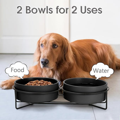 Ceramic Dog and Cat Bowl Set with Stand, 3.6 Cups Dog Food and Water Bowl Suitable for Small and Medium Pets (28.7oz Black)