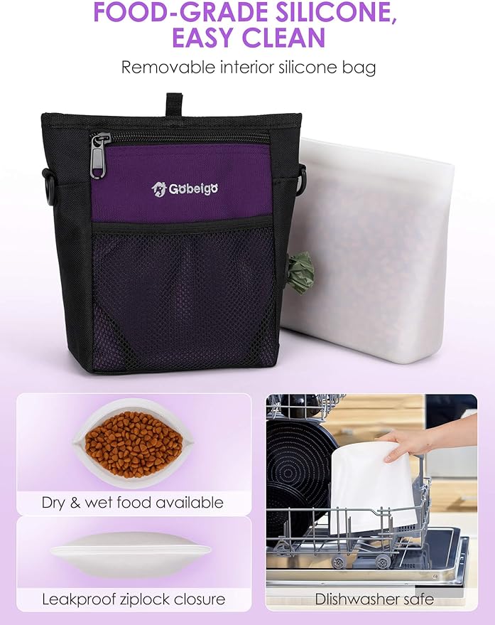 Gobeigo Dog Treat Pouch, Magnetic Closure & Sealable Silicone Bag Insert, 4-Cup Capacity – Belt Clip/Waist Belt/Crossbody Wear, Clicker Included – Great for Pet Training & Walking (Purple)