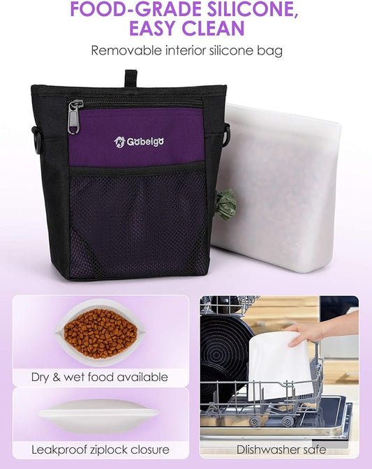 Gobeigo Dog Treat Pouch, Magnetic Closure & Sealable Silicone Bag Insert, 4-Cup Capacity – Belt Clip/Waist Belt/Crossbody Wear, Clicker Included – Great for Pet Training & Walking (Purple)