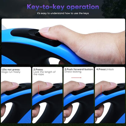 Retractable Dog Leash with Chew Proof Cable, 26ft Heavy Duty Dog Leash for Medium Large Dogs up to 110lbs, Strong Nylon Strap that Won't Tangle,360° No Tangle, one-Hand Brake.(Blue, 26Ft)