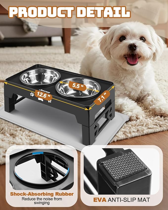 Elevated Dog Bowls for Small Dogs and Cats with Mat, Non-Slip Cat Bowls with 2 Thick 5.5" Stainless Steel Dishes, Dog Feeder 2 Heights Adjustable to 2.6"-5.3"