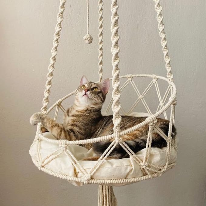 Cat Hammock, Handmade Woven Tassel Hanging Pet Bed for Kitten & Puppy, Pastoral Style Cats Swing Hammock with Cotton Mat for Palying Sleeping Lounging, 40cm
