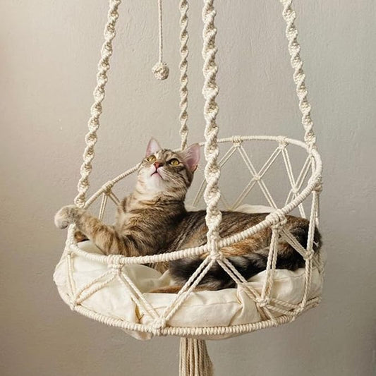 Cat Hammock, Handmade Woven Tassel Hanging Pet Bed for Kitten & Puppy, Pastoral Style Cats Swing Hammock with Cotton Mat for Palying Sleeping Lounging, 40cm