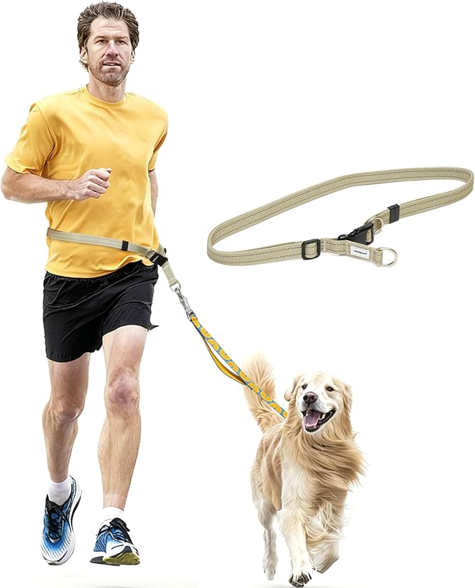 Hands Free Dog Leash, Adjustable Crossbody Waist Belt Dog Rope for Running, Walking & Puppy Potty Training, Fits All Body Sizes, Khaki