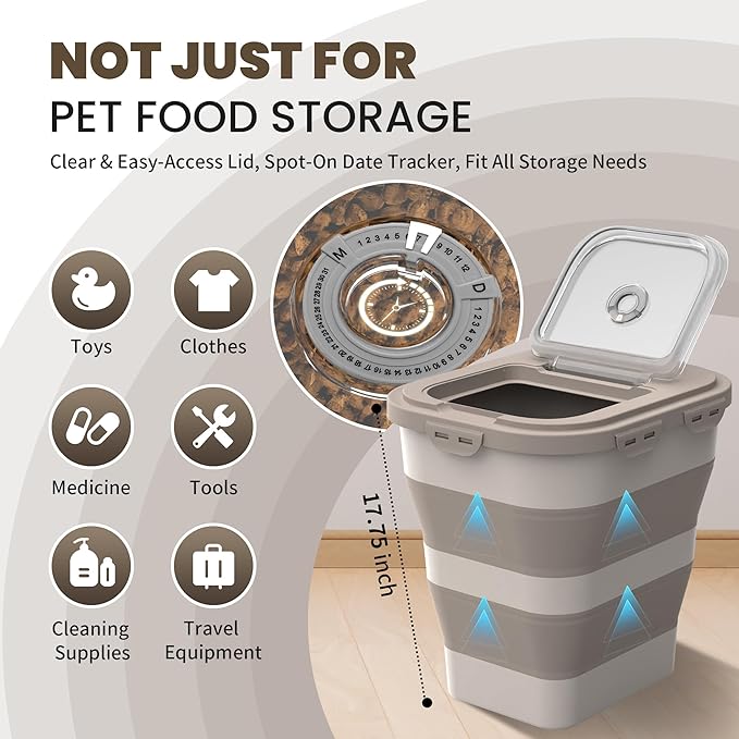 35-40 Lbs Airtight Dog Food Storage Container, Collapsible Dog Food Container with Lid, Wheels, Date Track, Large Pet food storage Container for Rice,Flour,Sugar,Dog Food Scoop,2PCS Containers
