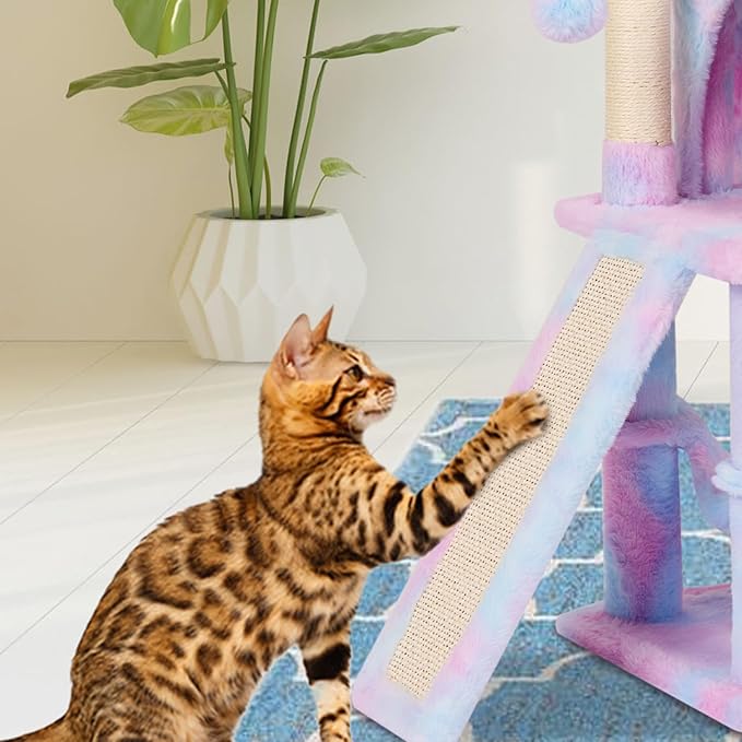 MIAO PAW Rainbow Cute Cat Tree for Indoor Cat Tower with Scratching Post Modern Activity House Hammock Hanging Ball Condo with Board