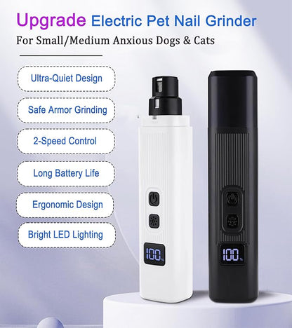 Upgrade Electric Pet Nail Grinder with LED Lights - 2-Speed Super Quiet and Low Vibration Rechargeable Cat Nail Trimmers,Professional Painless Pet Paws Grooming Tool,Small Medium Anxious Dogs & Cats