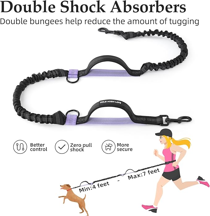 Mile High Life Hands Free Waist Leash for Dog Running Training and Jogging, Adjustable Belt with Double Handle, Reflective Bungee for Medium Large Dogs (Black Purple, 7FT)