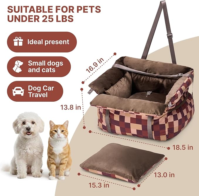 BurgeonNest Dog Car Seat for Small Dogs, Calm Blue Pet Car Bed Under 25 lbs, Soft Booster Fully Detachable and Washable Cat Carseats with Storage Pockets and Clip-On Leash Portable Travel Carrier